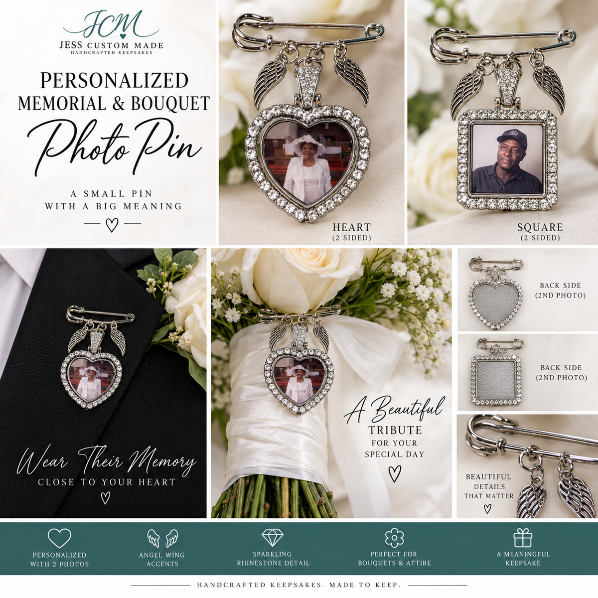 Personalized Memorial & Bouquet Photo Pin – Double-Sided