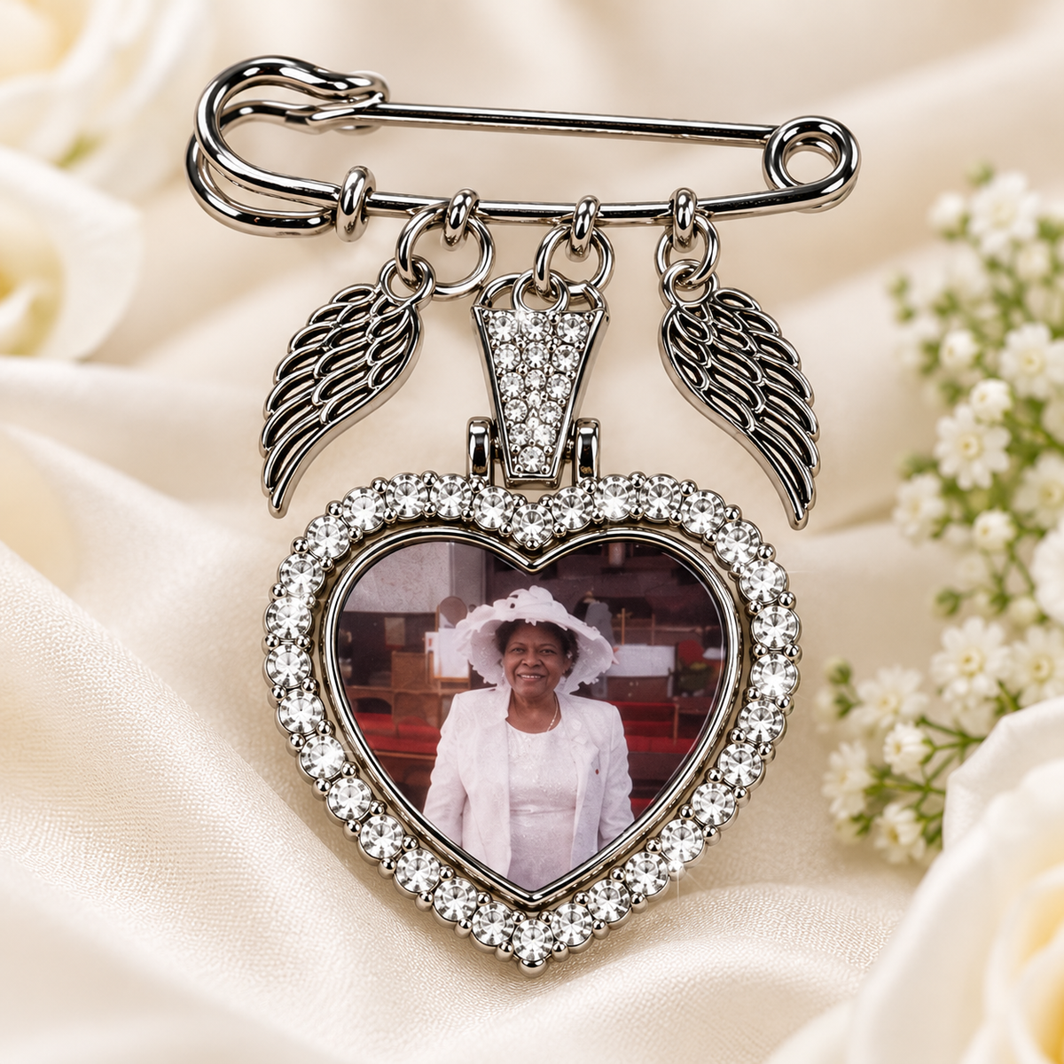 Personalized Memorial & Bouquet Photo Pin – Double-Sided